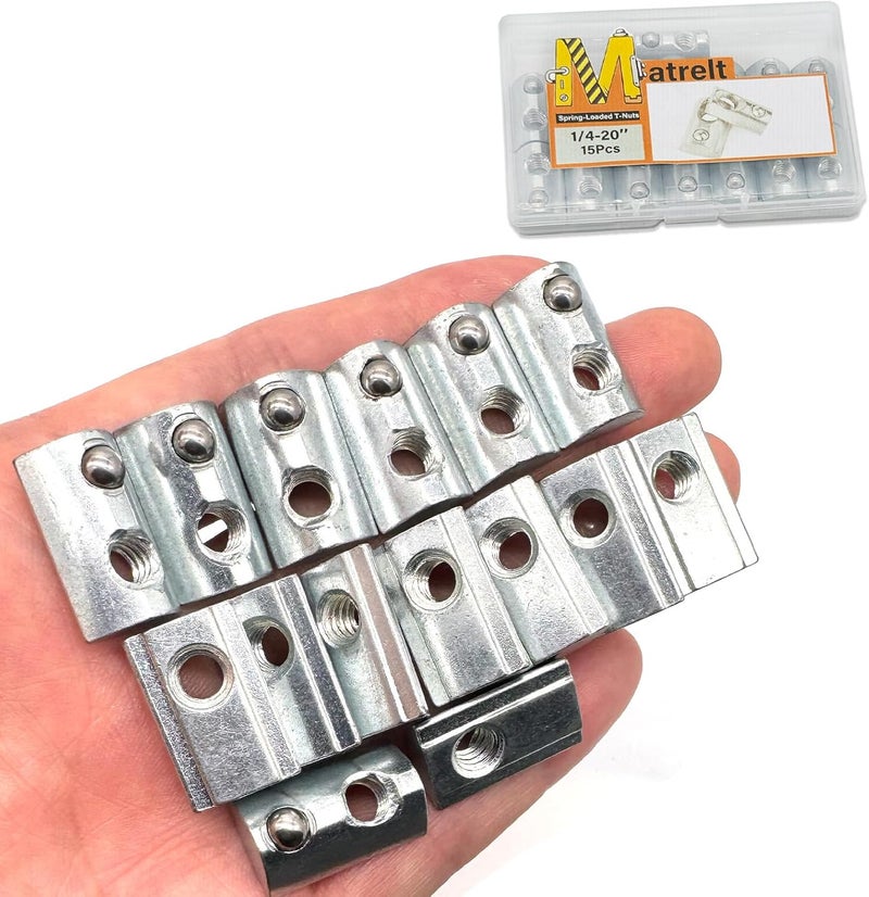 Matrelt 15-Piece 1/4"-20 Spring-Loaded T-Nuts with Ball Bearings Silver Zinc Plated Carbon Steel Spring T Slot Nut for 4040 Series/Slot 8 Aluminum Extrusions - Image 1